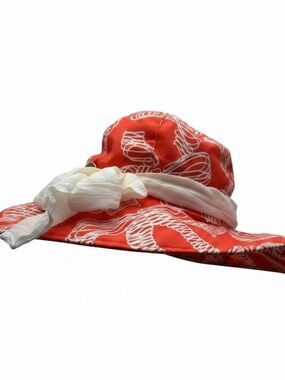 CHANEL Wide Brim Sun Hat Orange White CC Print Silk Tie Made in Italy